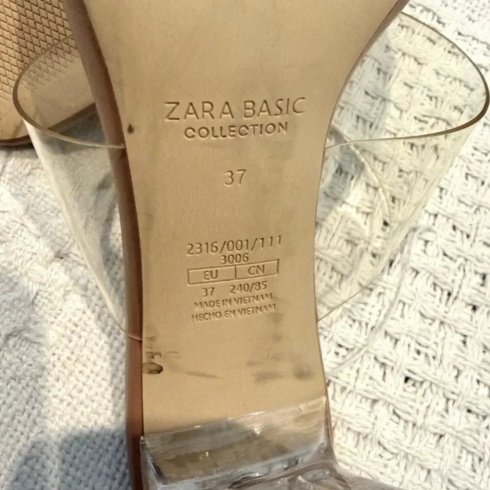 Zara 37 rubber clear double strap square toe heels sandal 3328
